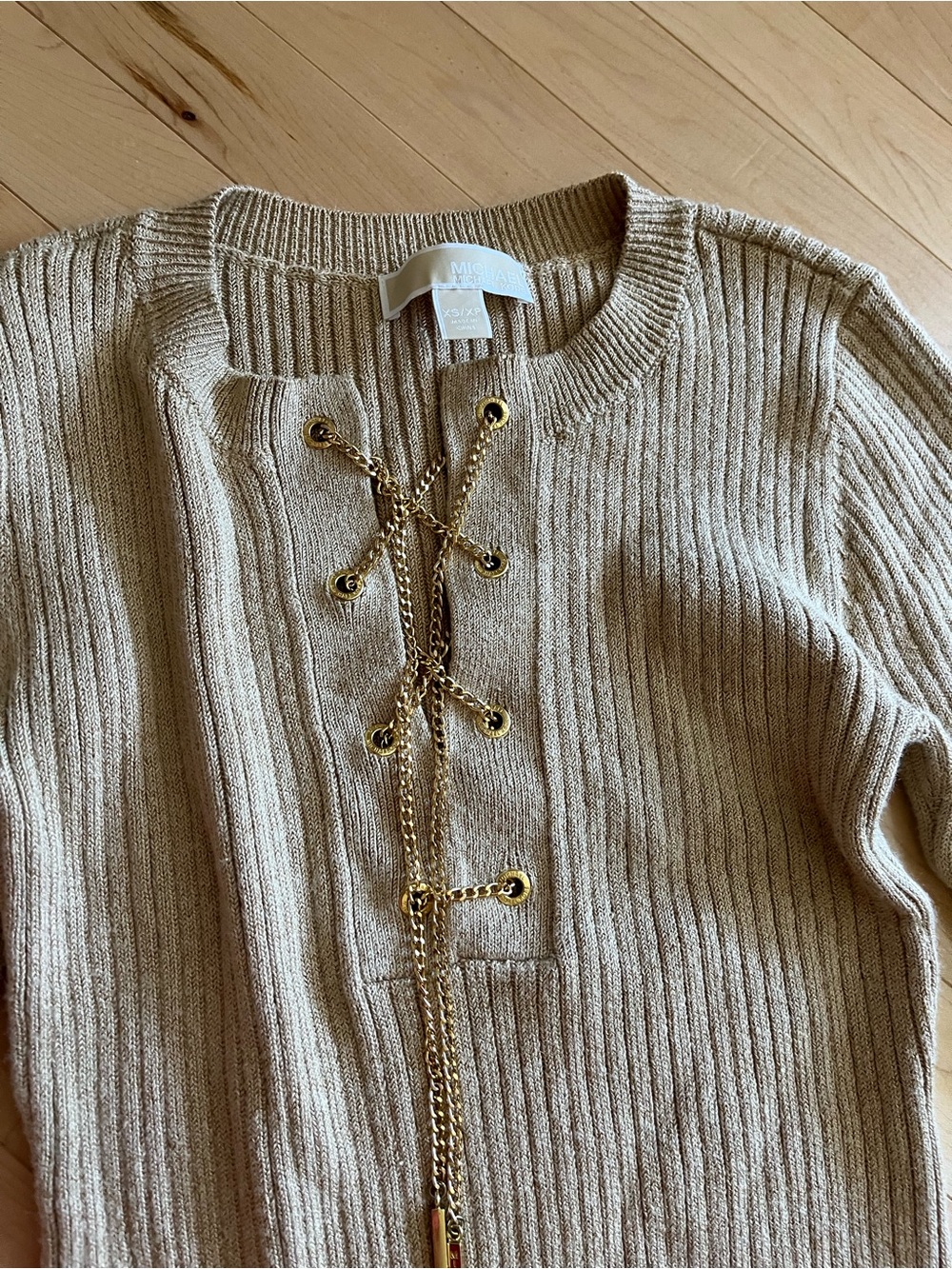 MICHAEL Michael Kors Beige Ribbed Fitting Sweater Dress with Gold Chain Lace-Up